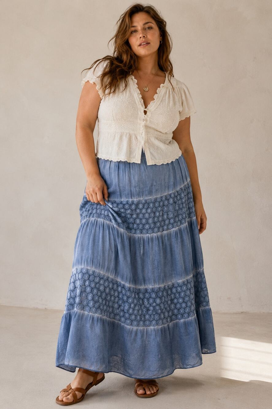 Vintage Tantrums Slate Blue Crochet Lace Tiered Cotton Maxi Skirt L Boho Prairie